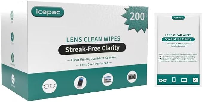 Icepac Lens Wipes for Eyeglasses - 200-Moistened Individual Wrapped Eye Glasses Cleaning Wipes | 5x6 Inches -Cleaner for Glasses, Sunglasses, Phone Screen, Electronics & Camera Lens