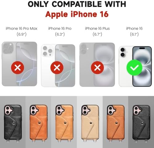 LUCKYCOIN for iPhone 16 Crossbody Wallet Case – Genuine Leather Phone Purse with Adjustable Strap and Card Holder,Lanyard Phone Purse Case for Women,Vintage Tan