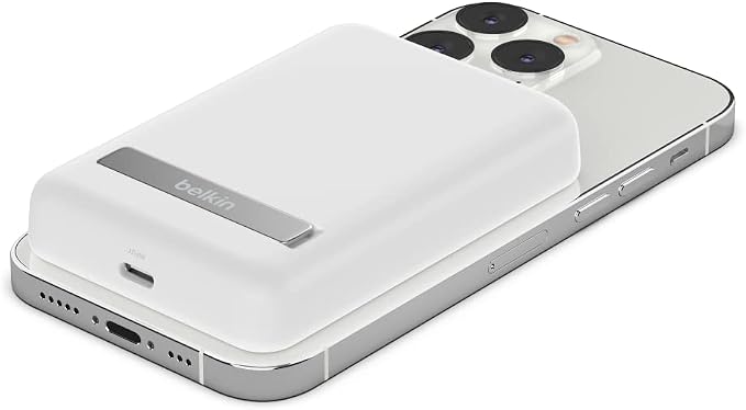 Belkin Portable Charger, Wireless Power Bank 5000 mAh MagSafe Charger 7.5W, Built-in Pop-up Kickstand - iPhone 17, Air, Pro, Pro Max, AirPods, Apple Watch, Google Pixel 10, etc. - White