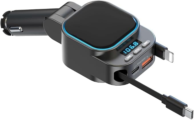 Retractable 96W Car Charger with Bluetooth 5.3 FM Transmitter for High Sound Quality, Easy Setup, 4-in-1 Fast Charging, Handsfree Calling, USB-C Adapter for iPhone 11-17