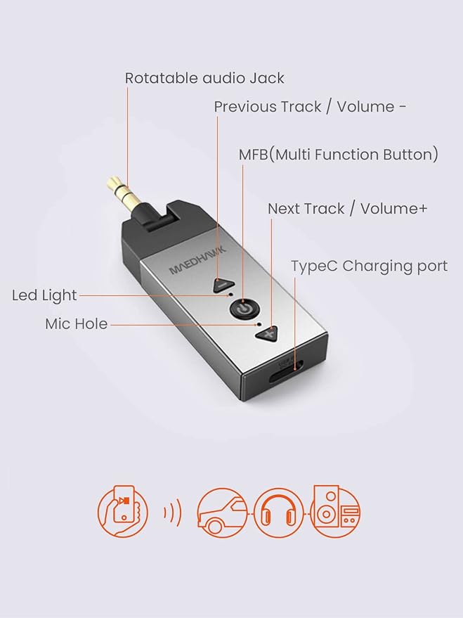Maedhawk Bluetooth 5.2 Aux Adapter for Car Home Stereo Speaker Headphone, Wireless Audio Receiver with Rotatable 3.5mm Jack, Handsfree Calls, A2DP