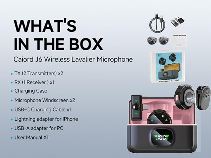 2 Pack Wireless Lavalier Microphone for iPhone 15, Android, USB C, ipad with Adapter Included, Noise Cancellation Mini Lapel Mic for YouTube, Recording, Vlog, Facebook Live Streaming (Pink)
