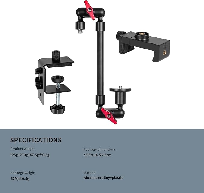Magic Arm with Clamp, Long Articulating Arm Camera Mount, Adjustable Phone Mount Holder 360° Rotation, Mic Arm for Microphone, LED Lights, for Phone, Tripod, Desk, Table