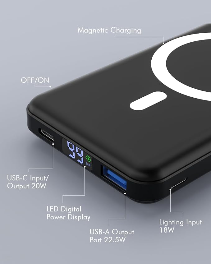 podoru for Magsafe Power Bank, Foldable 10000mAh Wireless Battery Pack with USB-C Cable & LED Display 22.5W PD Fast Charging Magnetic Portable Charger for iPhone 17/16/15/14/13/12 Series-Black