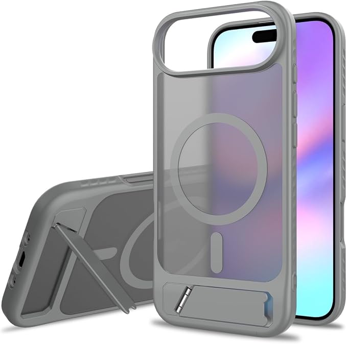 Magnetic Car Charging Phone Case for iPhone 17/16 Pro Max, 45° Built-in Kickstand, Military-Grade Shockproof Protective Cover (Gray, iPhone 15 Plus)