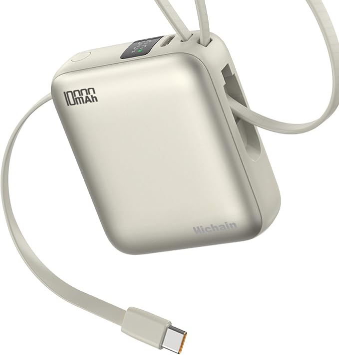 Hichain Small Portable Charger with Built in Cables LED Display Gold | Mini Power Bank 10000mAh 22.5W USB-C Fast Charging Battery Pack, Travel Essential Power Bank for iPhone, Samsung, Android