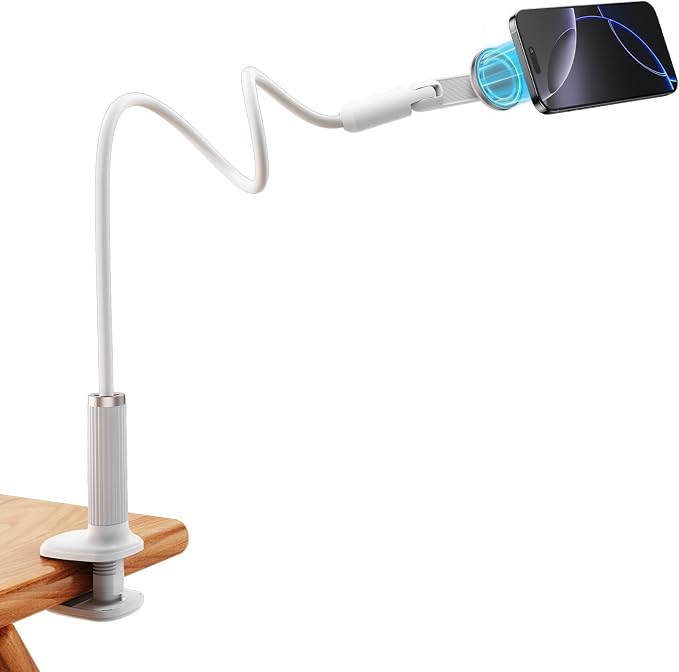 Magnetic Gooseneck Phone Holder for Bed, Flexible Long Arm Cell Phone Stand with Clamp Mount, 900° Rotation Overhead Phone Mount for Bedside, Headboard,Desk, Compatible with iPhone 17 Pro Max