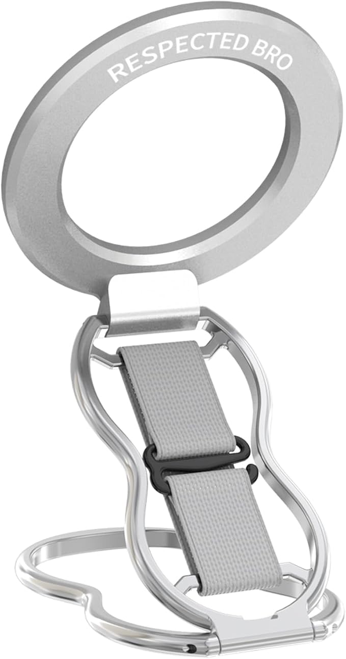 RESPECTED-BRO-Magnetic-Phone-Grip-Stand-with-Finger-Strap, 4-in-1 Magnetic Ring Holder, Kickstand and Elastic Strap for Phones, Universal Fit for iPhone 17/16/15/14/13/12, Android, and Cases (Silver)