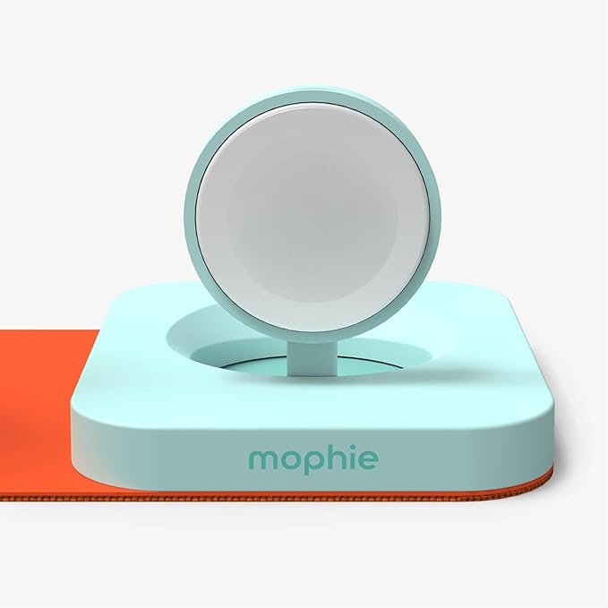 Mophie 3-in-1 Travel Charger with MagSafe for iPhone 17/16/15/14/13/12, Apple Watch, & AirPods – 15W Fast Wireless Charging Station – Premium Foldable Design with Travel Case & Adapters – Orange/Teal