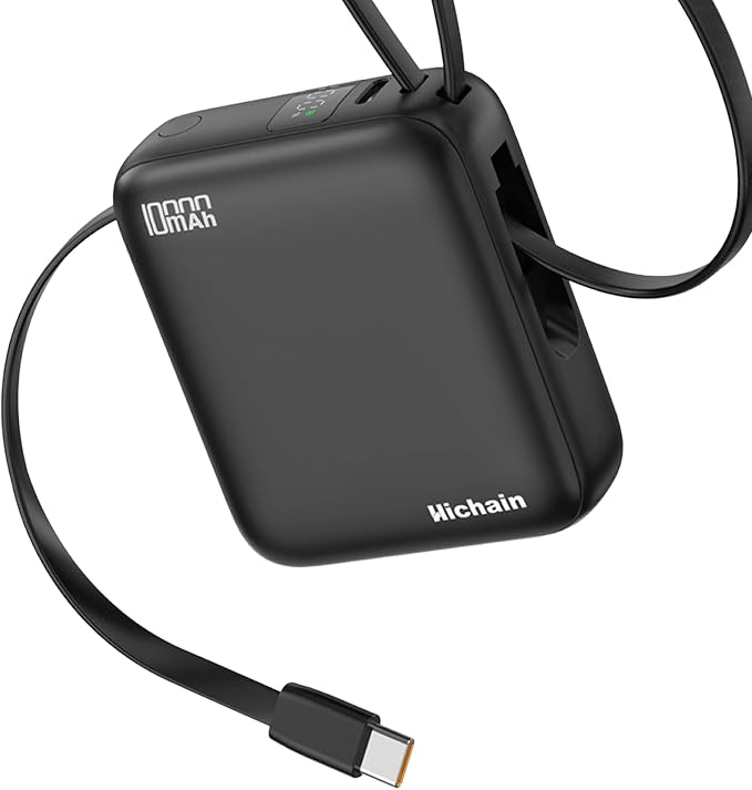 Hichain Small Portable Charger Mini Power Bank 10000mAh 22.5W Black | Built in Cables & LED Display USB-C Fast Charging Battery Pack, Travel Essential Power Bank for iPhone, iPad, Android