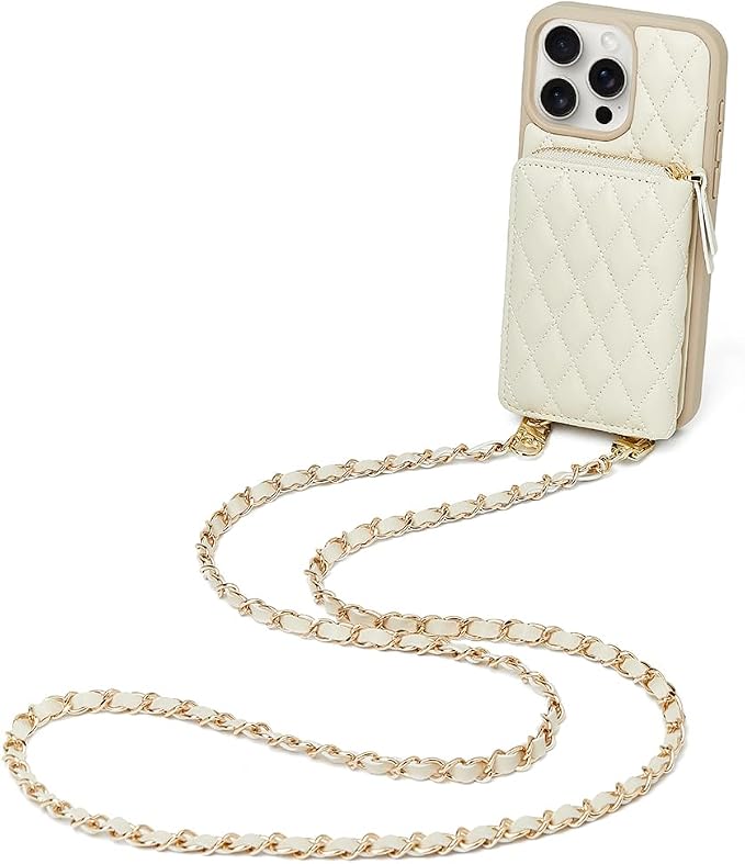LAMEEKU for iPhone 15 Pro Wallet Case, Crossbody Case with Card Holder Quilted Leather Zipper Purse, Wrist Strap Lanyard Chain Cover for Women for iPhone 15 Pro 6.1" Beige