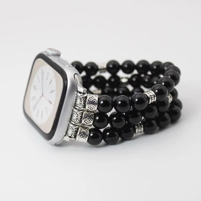 Black Agate Bracelet Compatible for Apple Watch Band 40mm/38mm/41mm Series 9 8 7 SE Series 6/5/4 Women Fashion Natural Gemstone Handmade Stretchy Watch Strap (42mm/44mm/45mm)