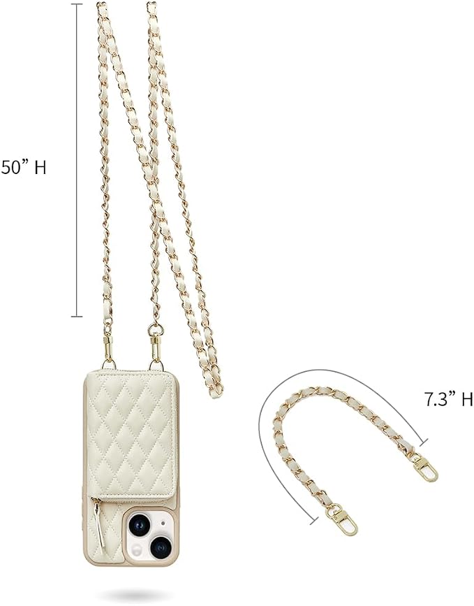 LAMEEKU Designed for iPhone 14 Wallet Case with Card Holder Crossbody Chain for Women RFID Shockproof Cover Compatible with iPhone 14, 6.1 Inch-Beige