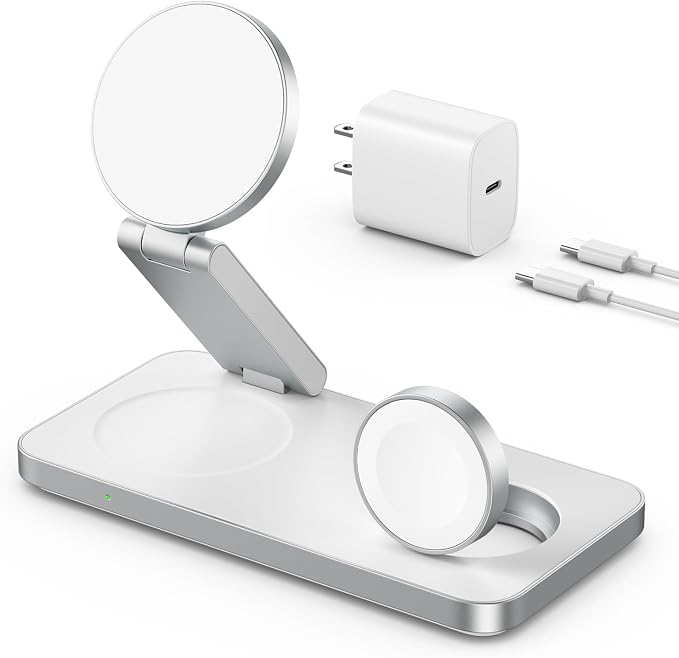 VBA 3 in 1 Wireless Charging Station for Apple MagSafe Charger,Foldable Fast Charging Magnetic Wireless Charger Stand,Travel Charger for iPhone 17 Air 16 15 14 13 12,Apple Watch,AirPods Pro(White)