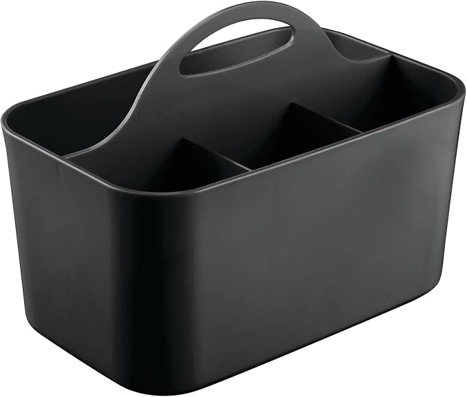 mDesign Small Plastic Shower/Bath Storage Organizer Caddy Tote with Handle for Dorm, Shelf, Cabinet - Hold Soap, Shampoo, Conditioner, Combs, Brushes, Lumiere Collection, Black
