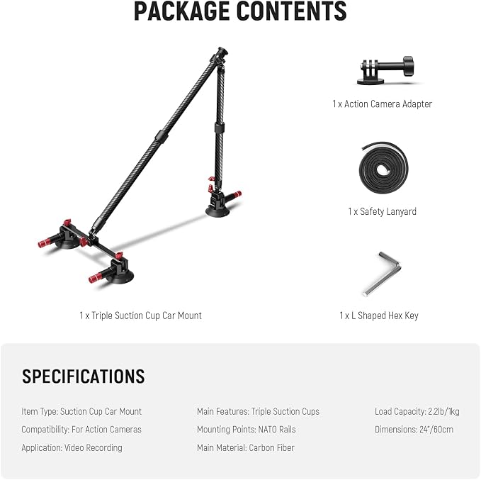 NEEWER Triple Suction Cup Car Mount Kit, Carbon Fiber Camera Mount with Action Camera Adapter, NATO Rail & 24"/60cm Extension Pole Compatible with GoPro Insta360, 2.2lb/1kg Max Load, CA136