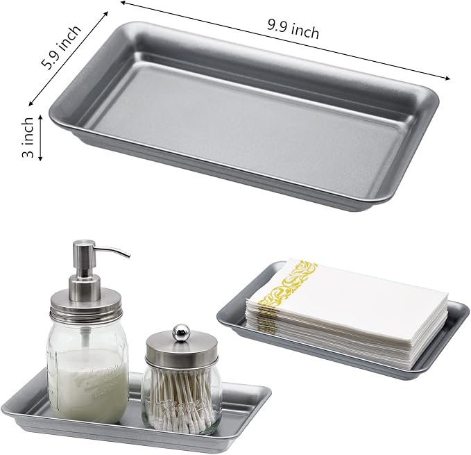 Vintage Farmhouse Decor Metal Vanity Tray(2 Pack),Countertop Guest Hand Towel Storage Organizer Tray Dispenser, Sturdy Holder for Perfume,Cosmetics, Jewelry, Makeup Bathroom Organizer (Silver)