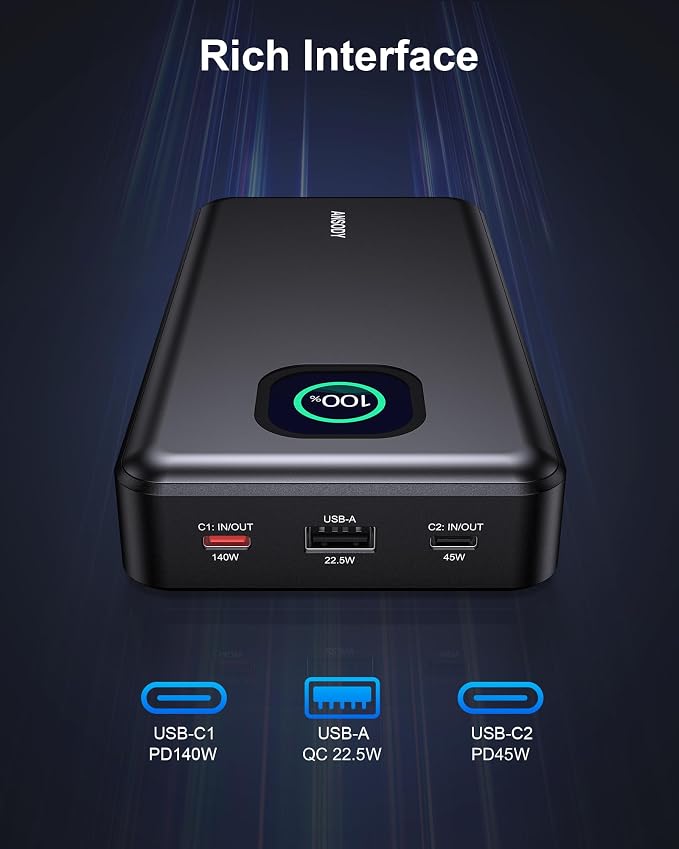 140W Power Bank, 25000mAh Laptop Portable Charger with Smart Digital Display, PD3.1 Fast Charging Battery Pack for MacBook Dell XPS iPad Tablet Steam Deck iPhone 17-12 Series Samsung Switch and More