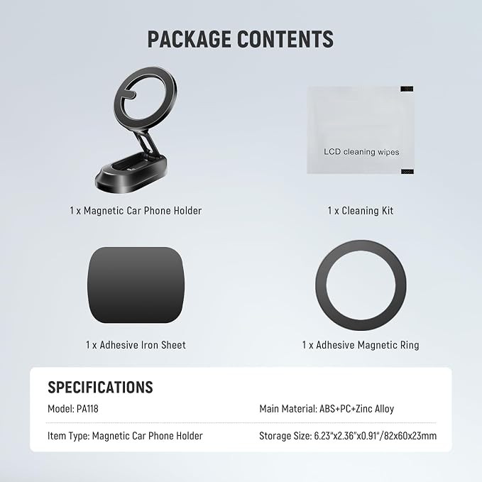 NEEWER Magnetic Phone Holder for Car, Dual Sided Magnet Cell Phone Mount Compatible with MagSafe iPhone, Car Stand Accessories for Dash Windshield Navigation Glass Gym Video Recording, PA118