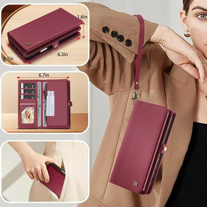 for Wallet Case Compatible with iPhone 16 Pro,Multi-Function Detachable 2 in 1 Magnetic iPhone 16 Pro Case Wallet,Flip Strap Zipper Card Holder Phone Case with Shoulder Straps (Red)
