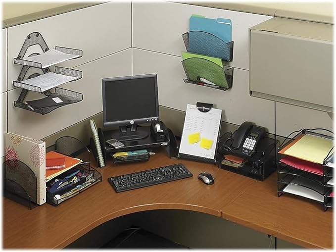 Safco Onyx Phone and Utility Tray with Drawer, Desktop Organizer, Durable Steel Mesh Construction, Black