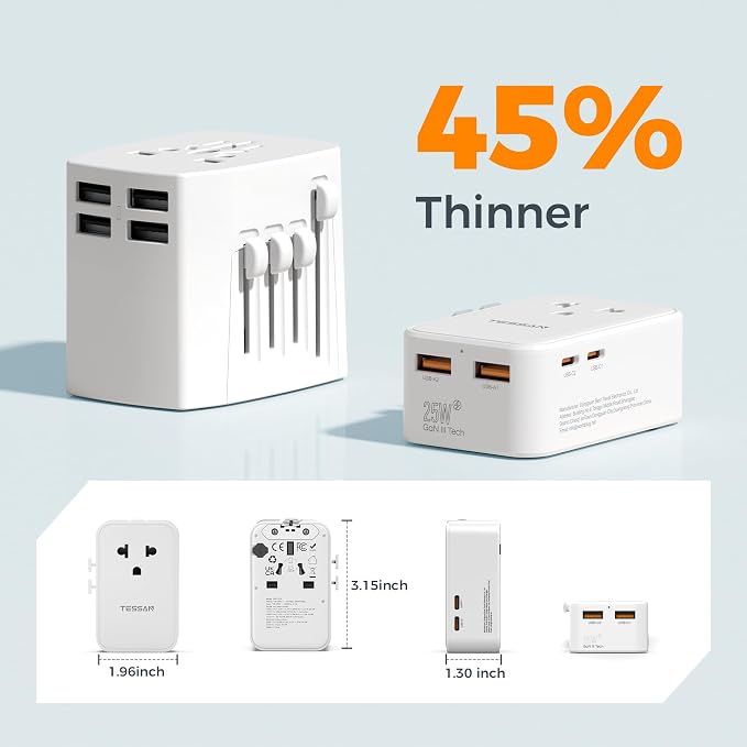 TESSAN Universal Travel Adapter PD 25W, White | International Power Adapter, Ultra Thin, 2 USB A 2 USB C, US to European UK Australia Ireland, Type C G A I