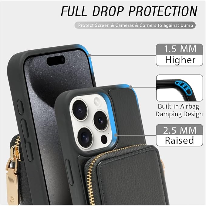 ZVE for iPhone 14 Pro Max Wallet Case Crossbody, Card Holder Zipper Phone Cover for Women RFID Blocking Wrist Strap for iPhone 14 Pro Max, 6.7 inch, 2022- Black