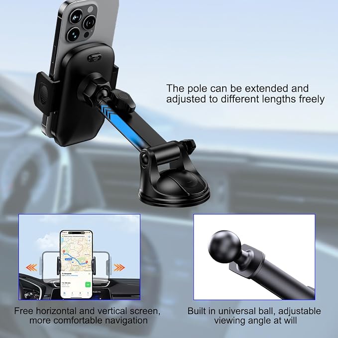 HZEL Car Dash Mount Phone Holder, 360° Adjustable Strong Suction Cup Vehicle Windshield Mobile Phone Mount, Hands Free Automotive Cellphone Stand, Suitable for 1.97-4.33" Smartphone (Black)