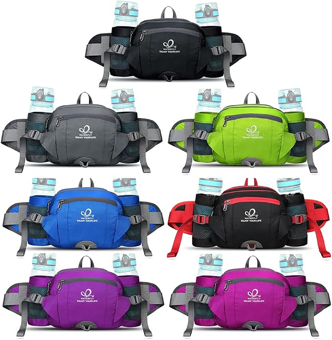 WATERFLY Fanny Pack Waist Bag: Fannie Pack 2 Water Bottle Holders Lumbar Belt Hiking Walking Running Jogging Camping Large Woman Man (Bottle Not Included)