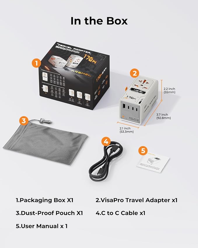 170W GaN Universal & International Travel Adapter & Wall Charger, European Travel Plug for UK/US/AUS/JP, 3 USB-C PD & 1 USB-A QC for Laptop Fast Charging, Worldwide Compatible, Travel Essentials