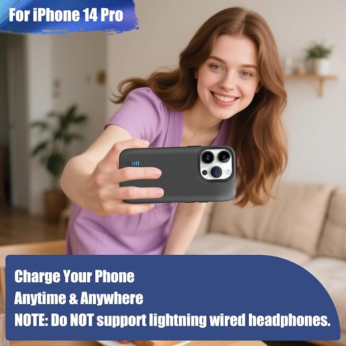 Battery Case for iPhone 14 Pro, 5000mAh Rechargeable Extended Battery Charging Charger Case, Add 100% Extra Juice (6.1 Inches) Black
