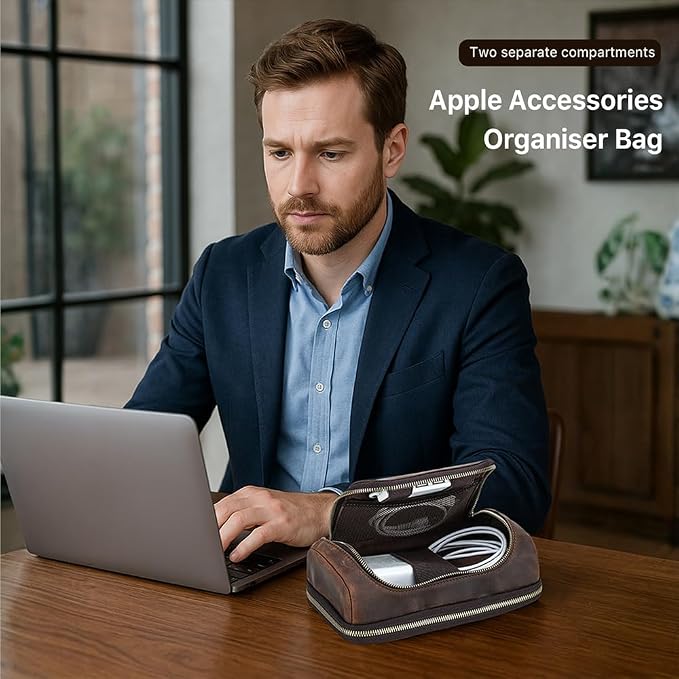 CONTACTS Full Grain Leather Travel Cable Organizer Pouch Double Layer Electronics Organizer Travel Case for Charger, Cable, Power, Tech Storage Bag by Handmade (Brown)