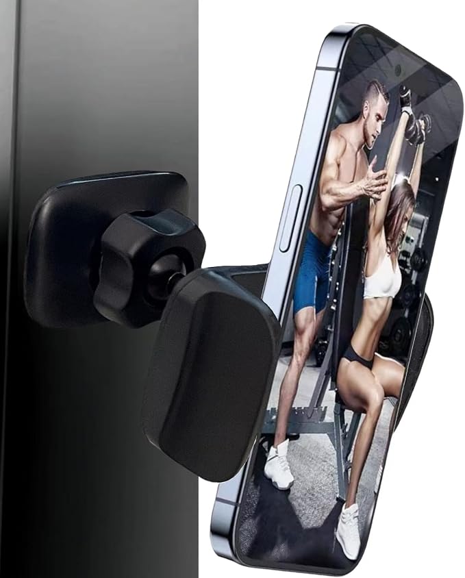 Gym Magnetic Phone Holder Mount, Magnetic Phone Holder with 360° Adjustable Dual Ballhead Arm for Gym Attach to Metal Surface, Gym Phone Holder Compatible with All Smartphones (Black)
