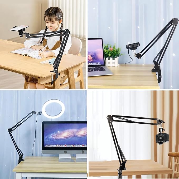 Overhead Tripod Mount for Camera Webcam Ring Light, Over Head Articulating Arm with Phone Holder and Ball Head, Desktop Suspension Scissor Accessory for Live Streaming,Video Recording