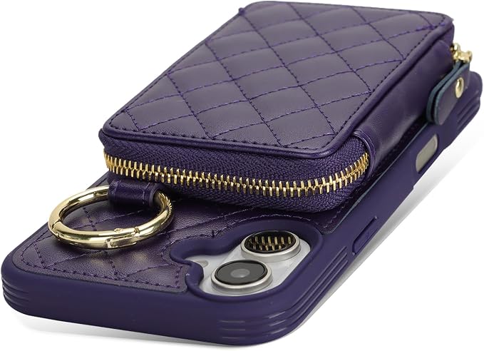 Crossbody Wallet Case for iPhone 17, PU Leather Zipper Handbag Purse Flip Cover, Kickstand Folio Case with Card Slots Holder Wrist Strap Lanyard 5G 6.3 Inch-Purple