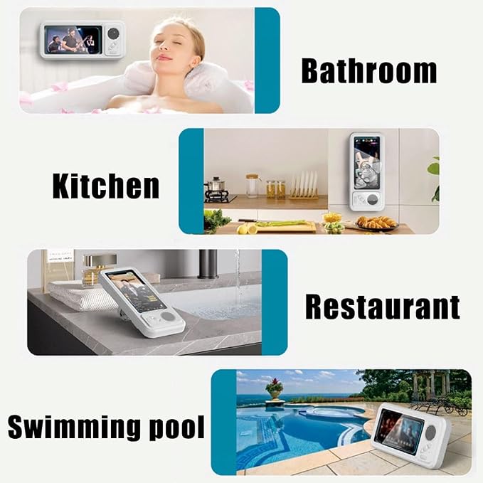 Waterproof Phone Case with Built-in Speaker,480 Rotation Wall Phone Mount Stand,Screen Touch Shower Phones Case Mount Speakers with Suction Cup,Cover Mounts Stand Wireless Bluetooth (White)