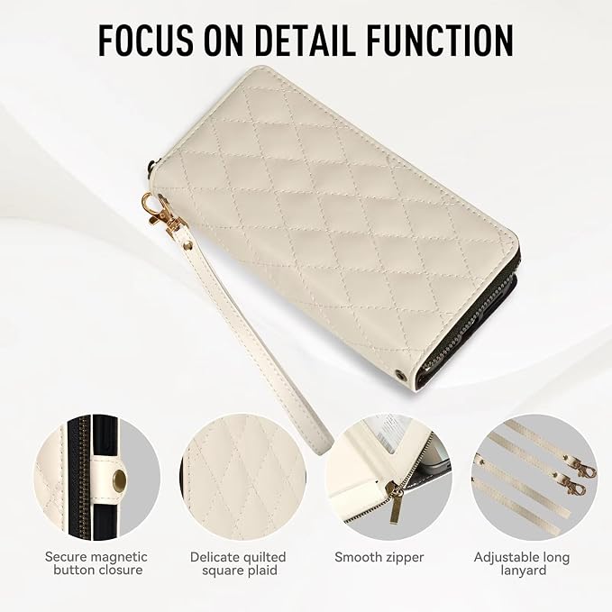 Rssviss Crossbody Case Wallet for iPhone 16 Pro, RFID Blocking Leather Case with Card Holder Kickstand, Handbag Zipper Flip Cover with Wrist Strap for iPhone 16 Pro Men Women 6.3", White