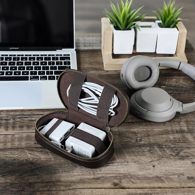 CONTACTS Full Grain Leather Electronics Organizer Small Cable Bag Handmade Tech Pouch Travel Organizer for Cable, Charger Cord