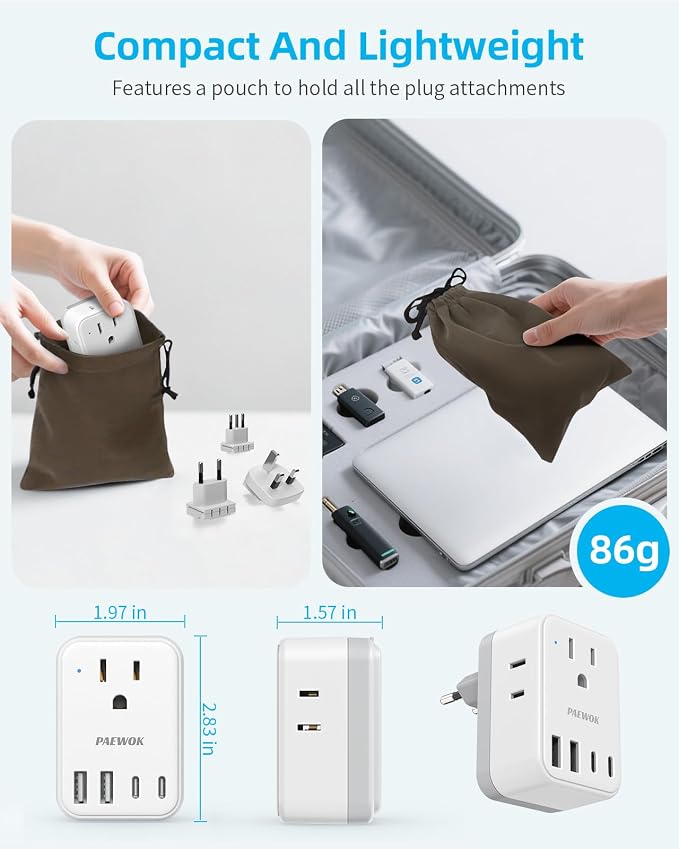PAEWOK European Travel Plug Adapter Set, Universal Travel Adapter with 4 AC | 8-in-1 Travel Adapter, Type C/G/A/I/D/M Detachable Plugs, 4 USB Ports (2 USB C), US to EU/UK, International Power Adapter