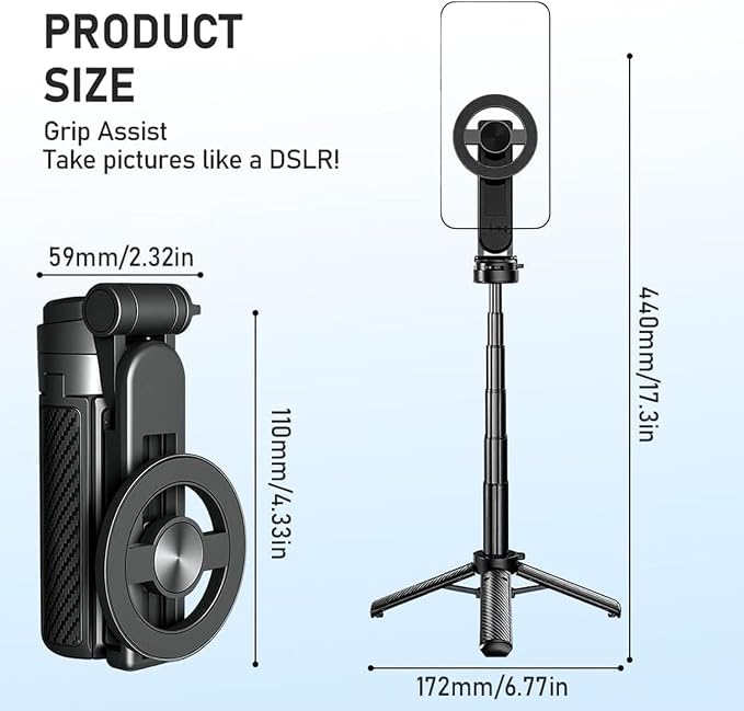 4-in-1 Multifunctional Magnetic Selfie Stick,360° Rotation Phone Tripod, Wireless Remote. Portable Extendable Mag Tripod,for Video Recording & Vlog. Portable Pocket Size for iPhone & Android