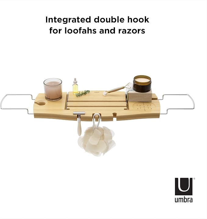 Umbra Aquala Bathtub Tray Extendable Caddy with Book Stand and Wine Glass Holder, Natural