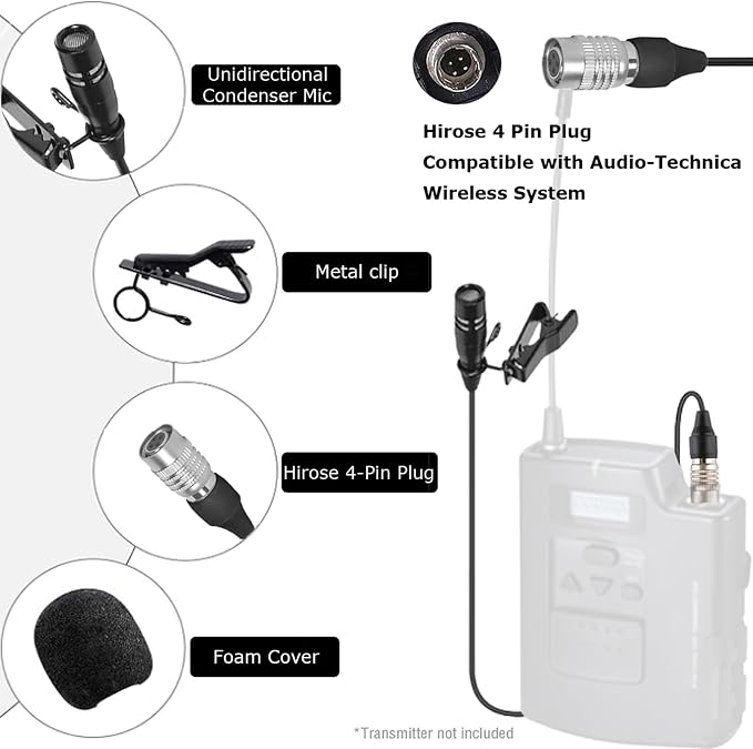 Lavalier Lapel Microphone Unidirectional Condenser Super Cardioid Mic Compatible with Audio-Technica Wireless Bodypack Transmitter System with Hirose 4 Pin Plug