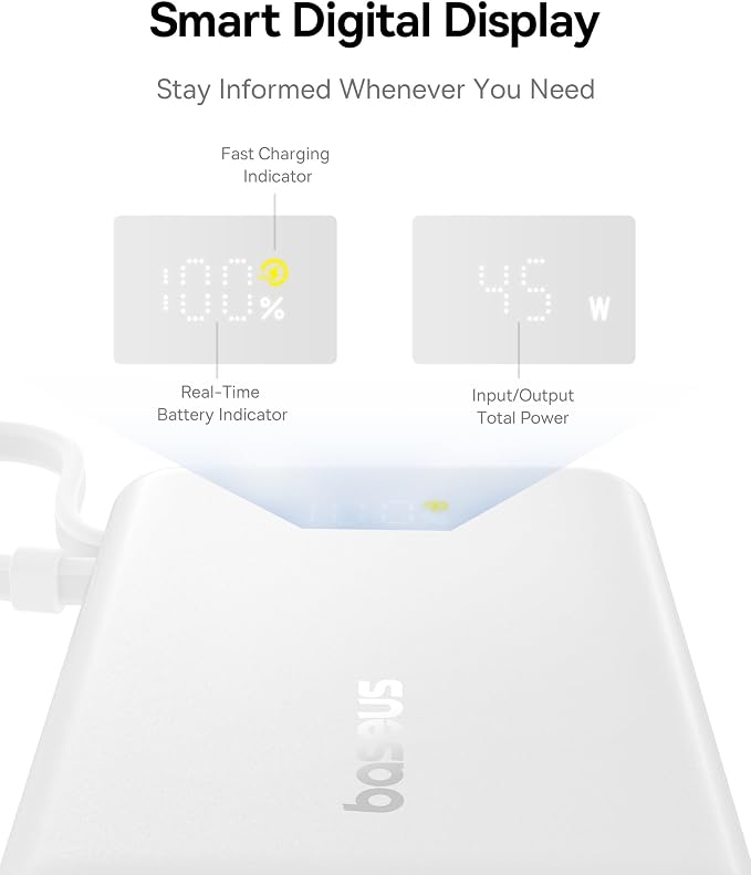 Baseus 20000mAh Compact Portable Charger 45W, CCC Certified Power Bank Built-in USB-C Cables, Travel Essential PD Fast Charging Battery Pack for iPhone 17/16 Series Galaxy S25/S24 Ultra Google iPad