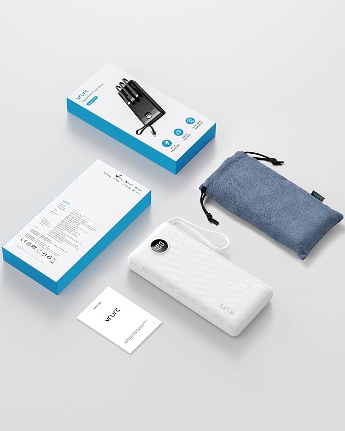 VRURC Portable Charger Built in 4 Cables, Slim Power Bank 10000mAh | Multi Devices Charging Bank with Lanyard, USB C Battery Pack for All Cell Phones, Samsung,Android-White(1 Pack)