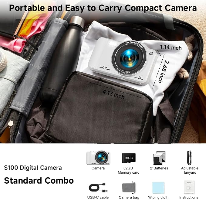 Digital Camera, 4K WiFi 75MP Dual Camera Point and Shoot Camera with Touchscreen and 16X Zoom, Autofocus Vlogging Cameras for YouTube and Travel, with 32GB Card for Kids, Teens, Beginners (White)