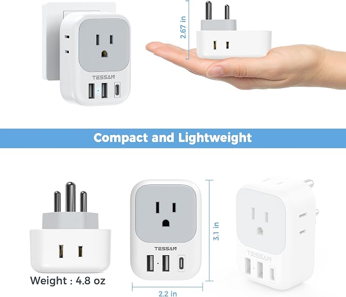 TESSAN India Plug Adapter 2 Pack, Type D Travel Adapter with 4 Outlets 3 USB Charger (1 USB C Port), US to Indian Outlet Adaptor for USA to Bangladesh, India, Kuwait, Maldives