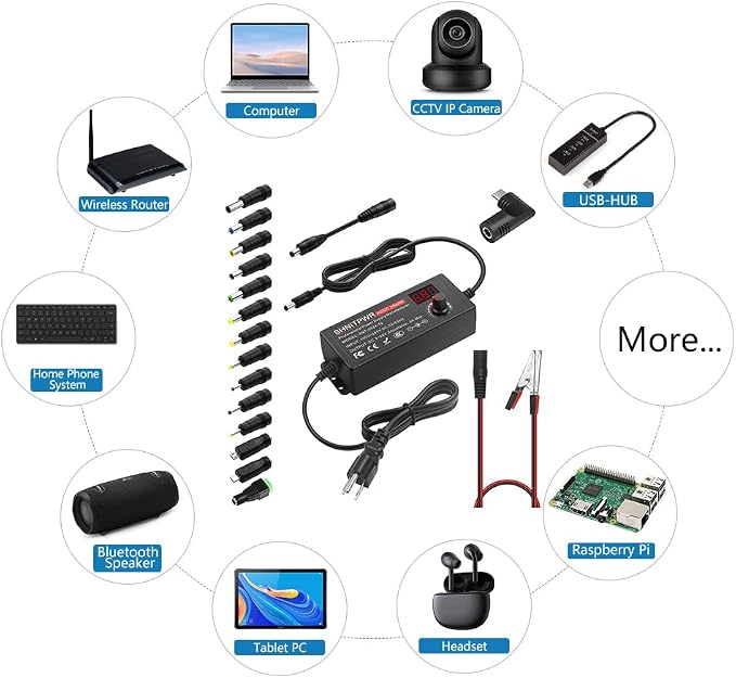 SHNITPWR 72W universal Power Supply Adjustable DC 3.5V ~ 24V 3A AC/DC Adapter with USB C Charger PD 65W Upgraded 100V-240V AC to DC Converter Variable Power Adapter,14 Tips,Alligator Clips Power Cable