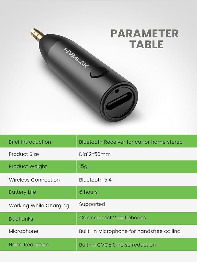 Bluetooth 5.4 Car Aux Adapter with Enhanced Microphone, 3.5mm Jack for Car Home Stereo, USB-C Charging, Sturdy Case, 1 Piece