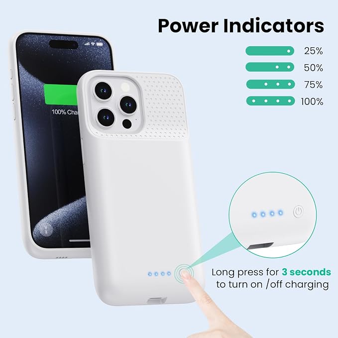 Battery Case for iPhone 15Pro Max, Upgrade 8600mah Portable Slim Battery Charging Case, 15W Fast Charging Rechargeable Protective Extended Charger Cover for iPhone 15 Pro Max (6.7 inch) (White)