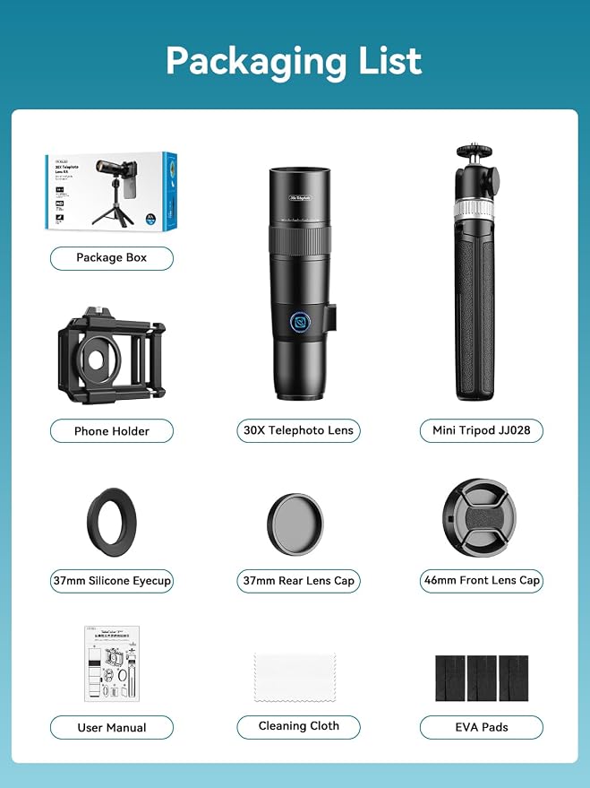 MIAO LAB 30X Telephoto Lens, High Power HD Telephoto Phone Lens with Adjustable Tripod and Universal Phone Clip, Phone Lens Attachment for iPhone 17/16/15/14/13 Series, Android and Most Smartphone